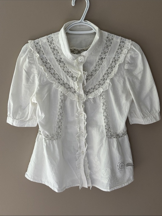 Tops - White Lace-Trim Ruffle Button Front Women's Top